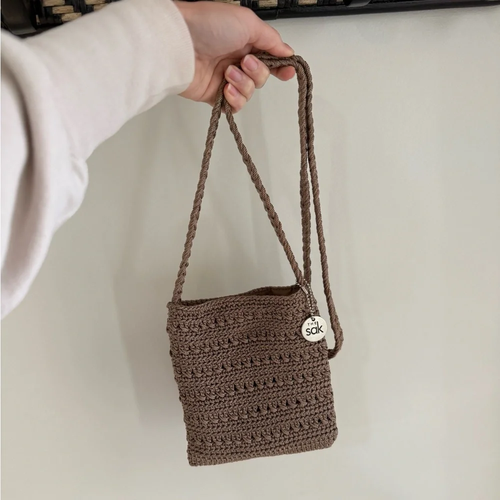 The Sak Crochet Knit Boho Small Crossbody Bag - Light Brown/Taupe